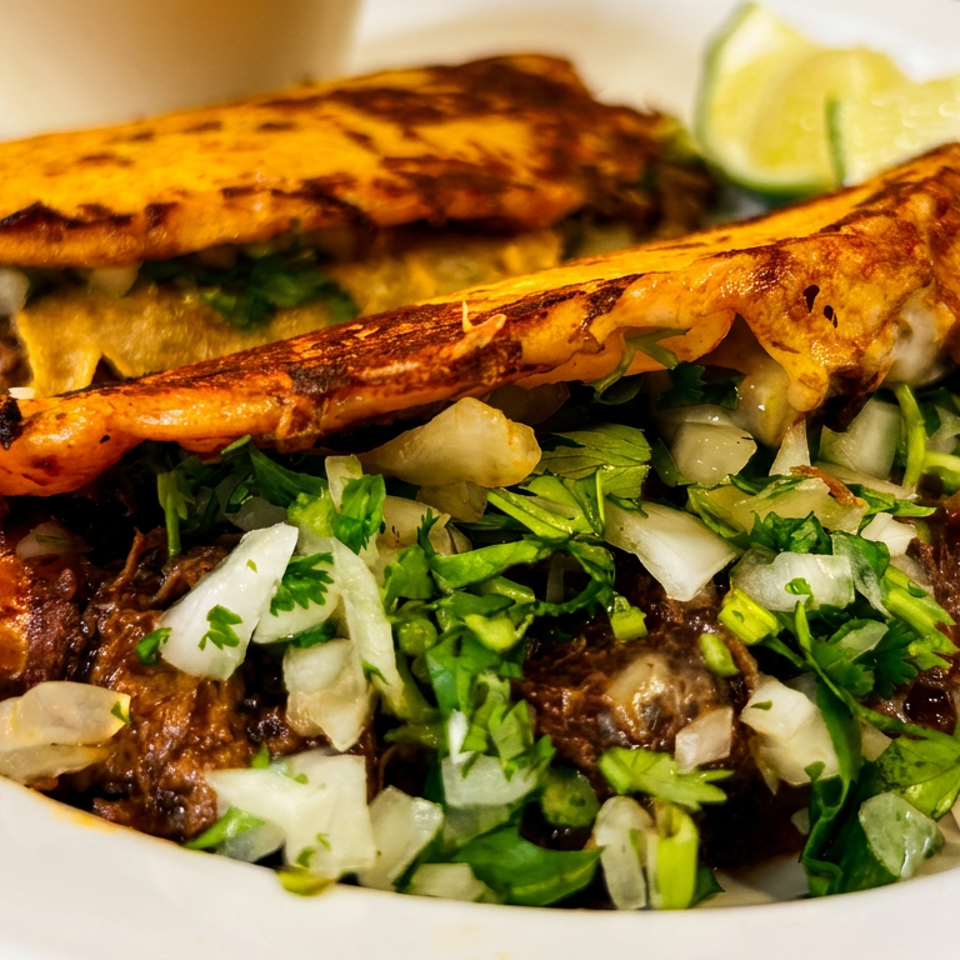 Two birria tacos with shredded beef, cilantro, and diced onions, served with lime wedges.
