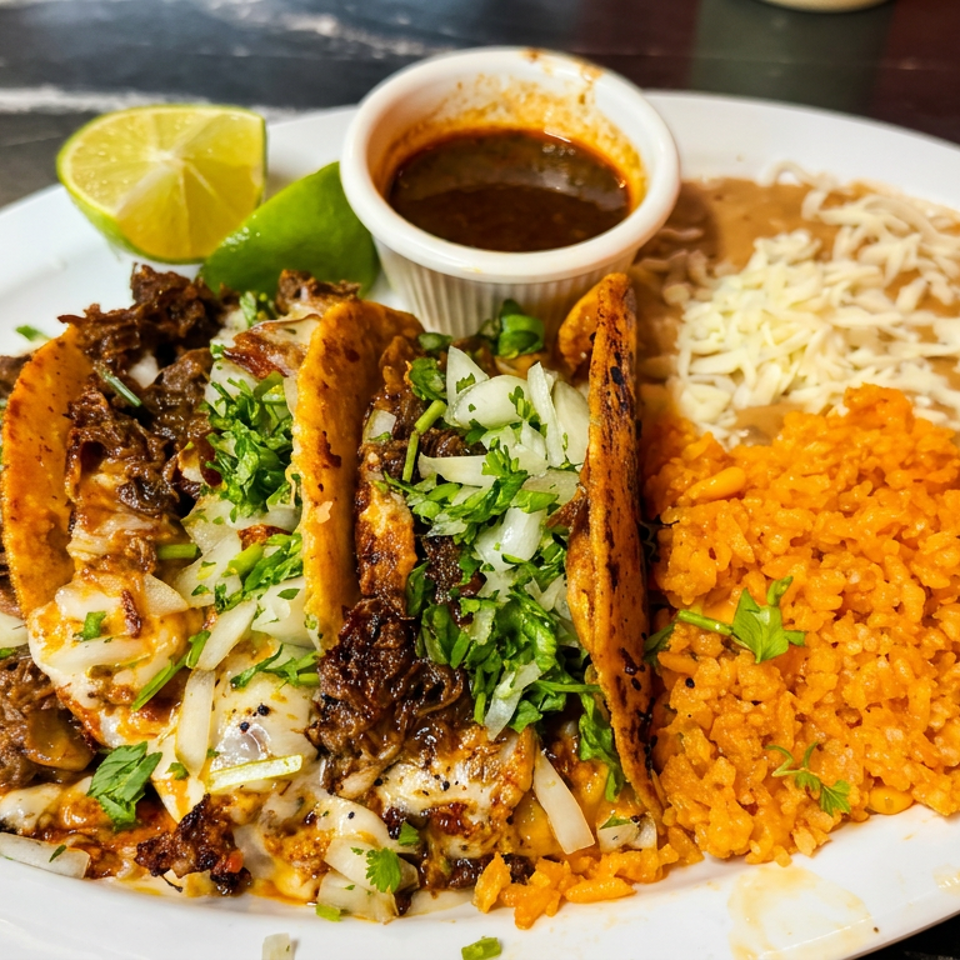 Three birria tacos with cilantro and onions, served with rice, refried beans, and a lime.