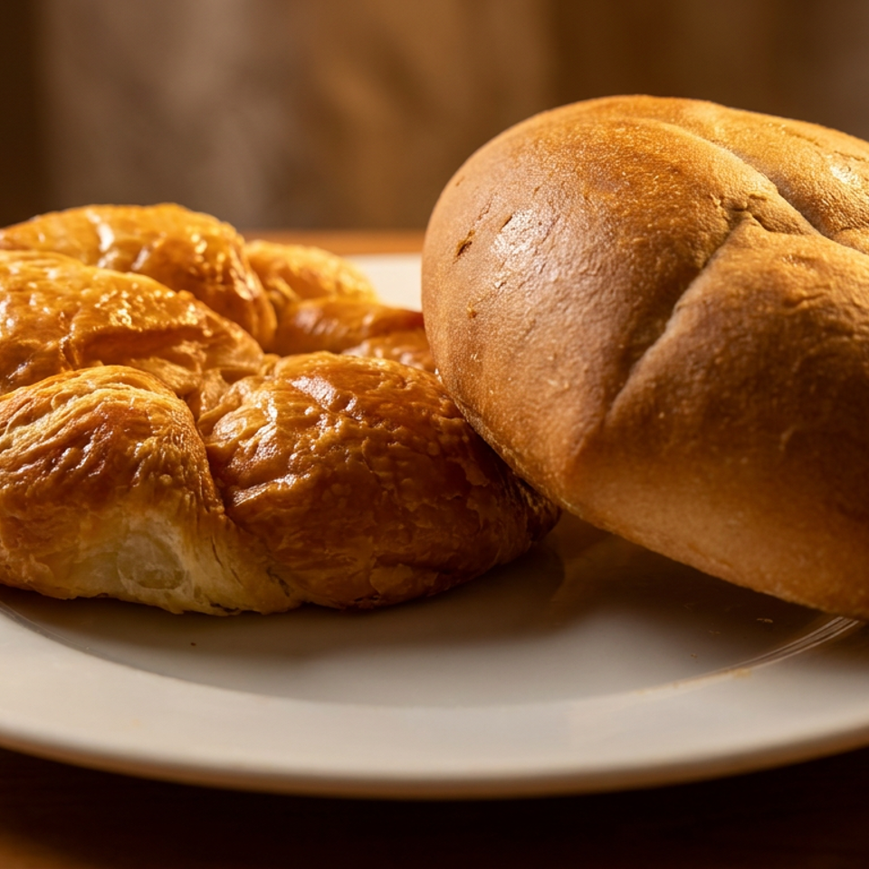 Two freshly baked bread rolls, one braided and one smooth, on a white plate.