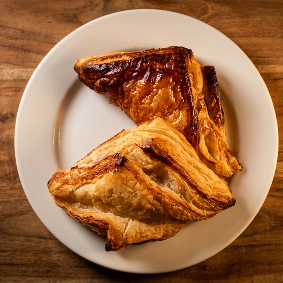 Two golden-brown, flaky pastries on a white plate, set against a warm wooden table.