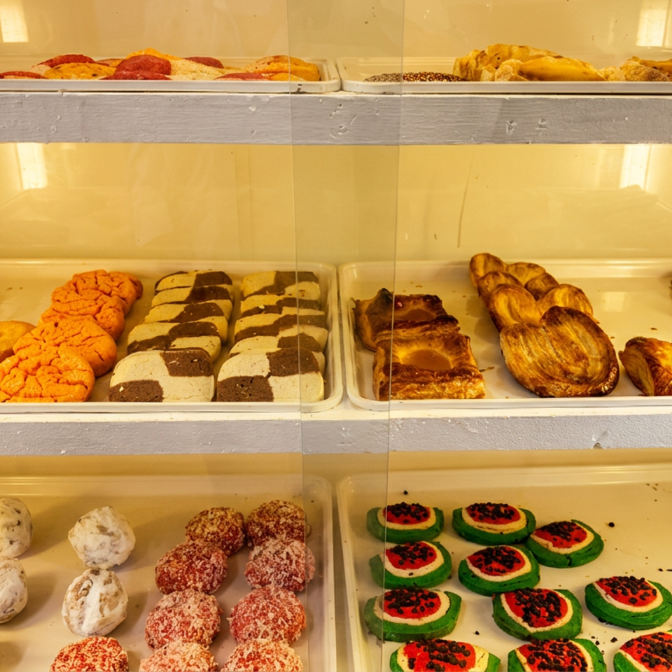 A brightly lit bakery display case filled with various pastries, cookies, and sweet treats.