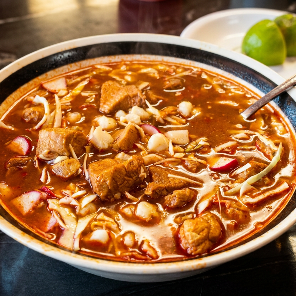 A steaming bowl of pozole with pork, hominy, radishes, and onions, with limes on the side.