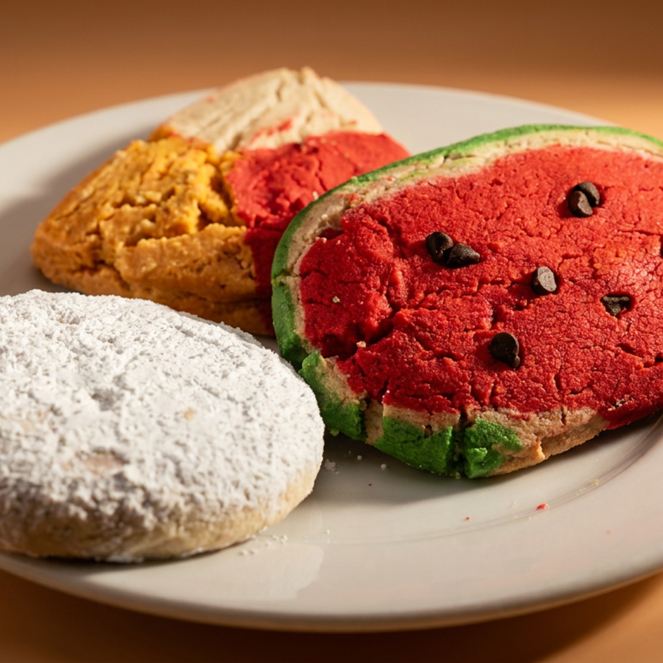 A plate of colorful cookies, including a watermelon-shaped cookie, a powdered sugar cookie, and two others.