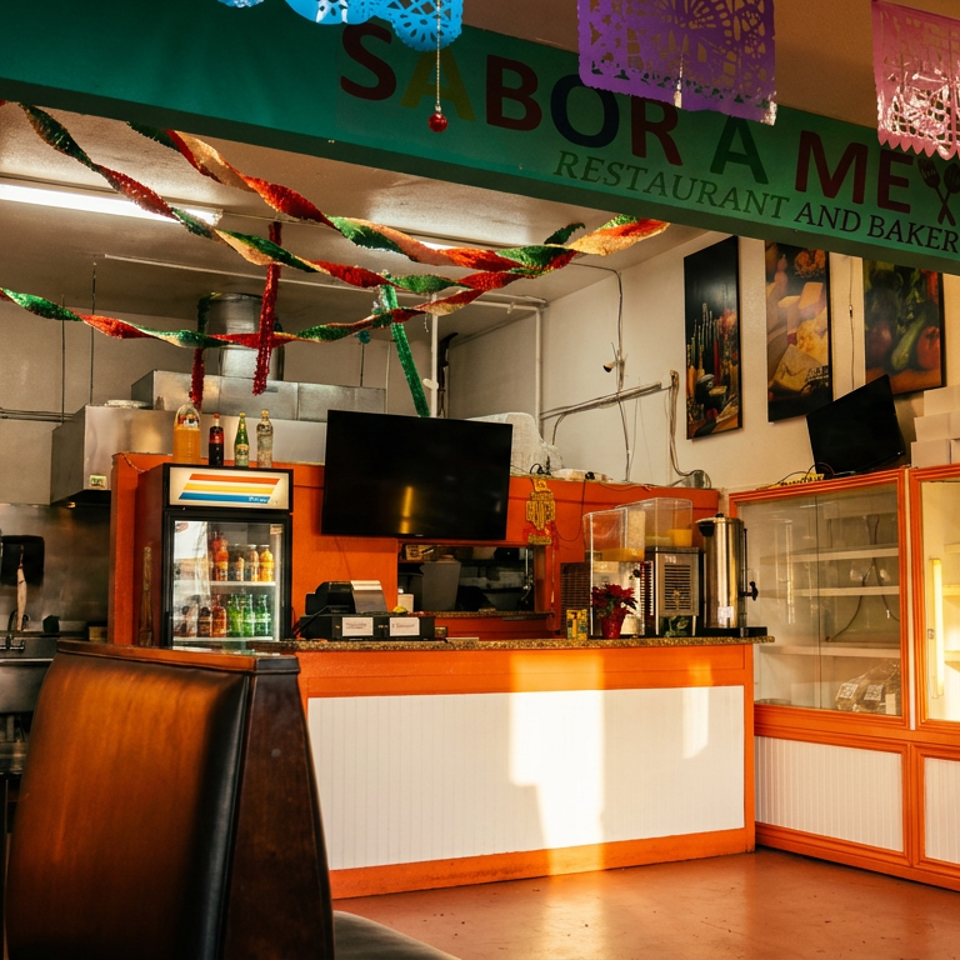 Interior of Sabor a Mexico restaurant, featuring a counter, kitchen, and colorful papel picado decorations.
