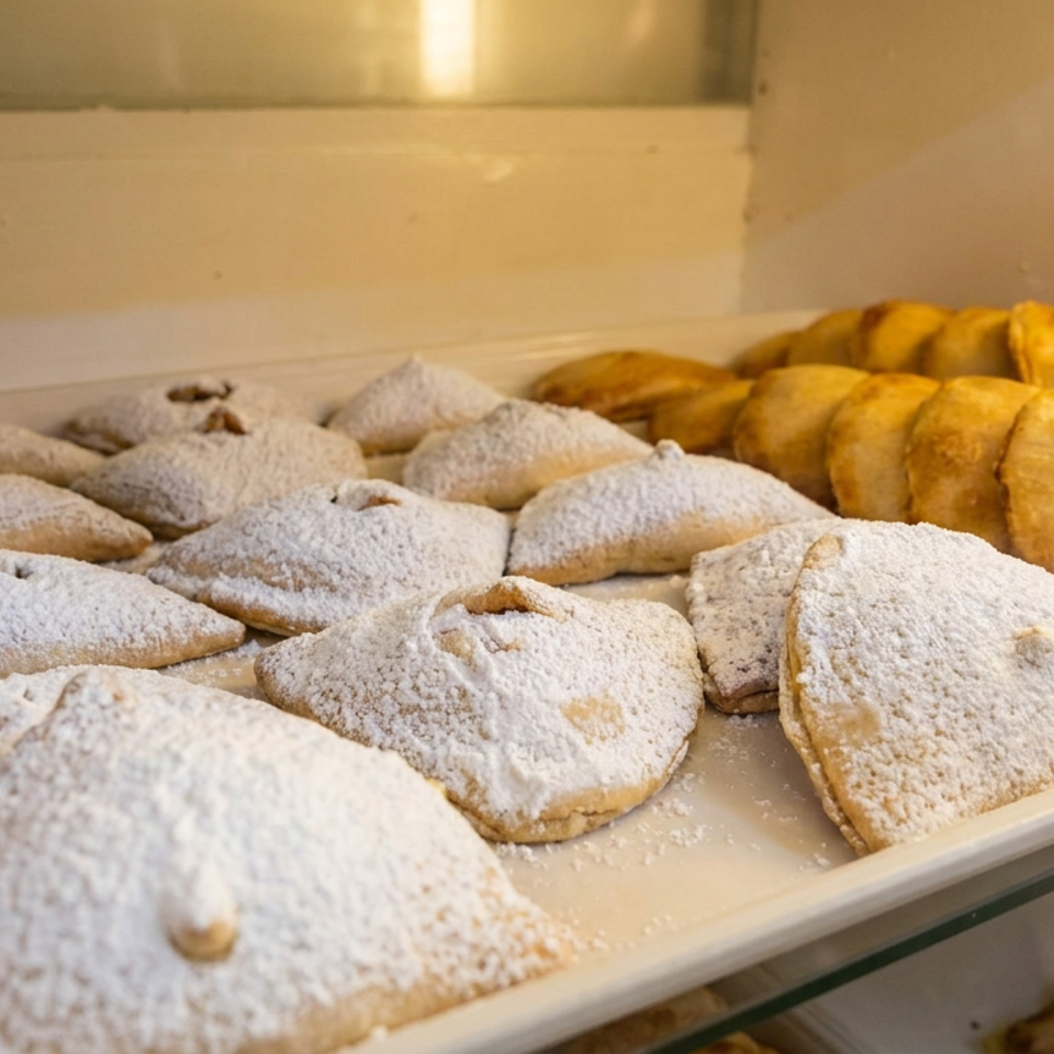 Trays of freshly baked pastries, some dusted with powdered sugar, others golden brown.