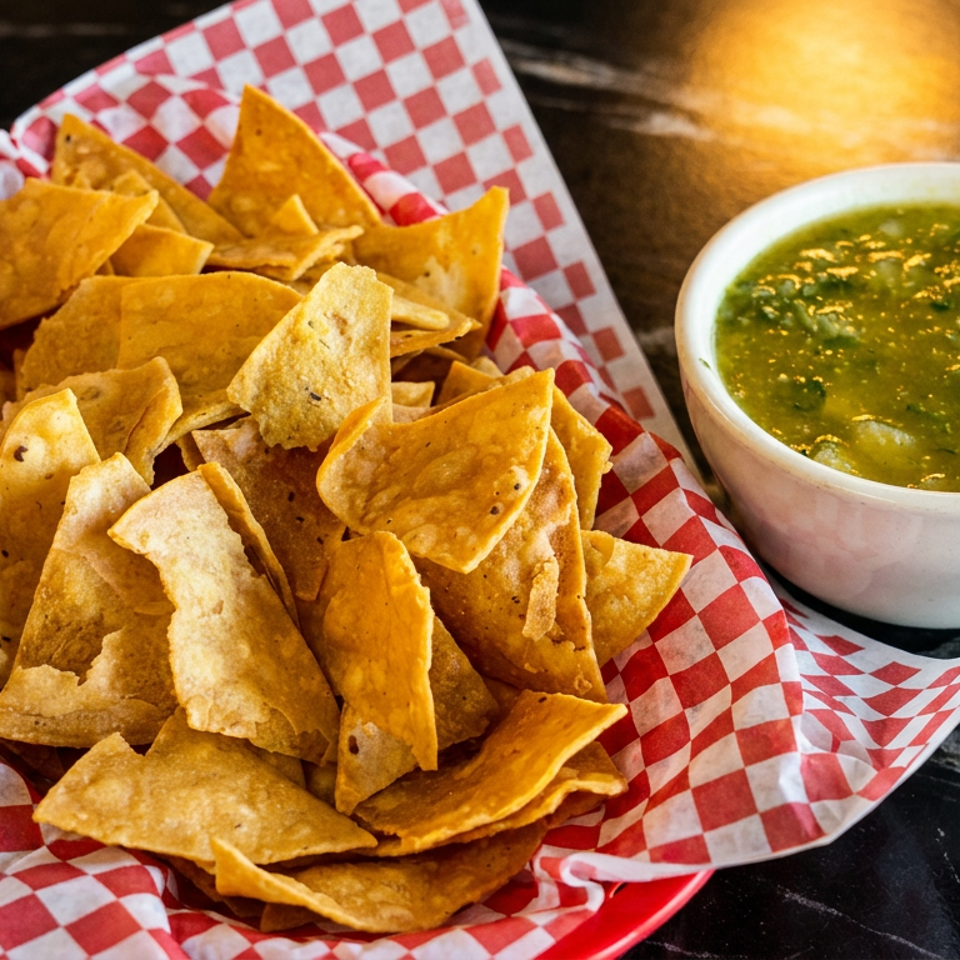 A basket of tortilla chips with red and white checkered paper, next to a bowl of green salsa.