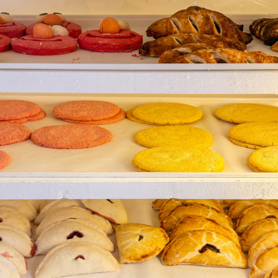 A bakery display case filled with trays of colorful cookies and pastries.