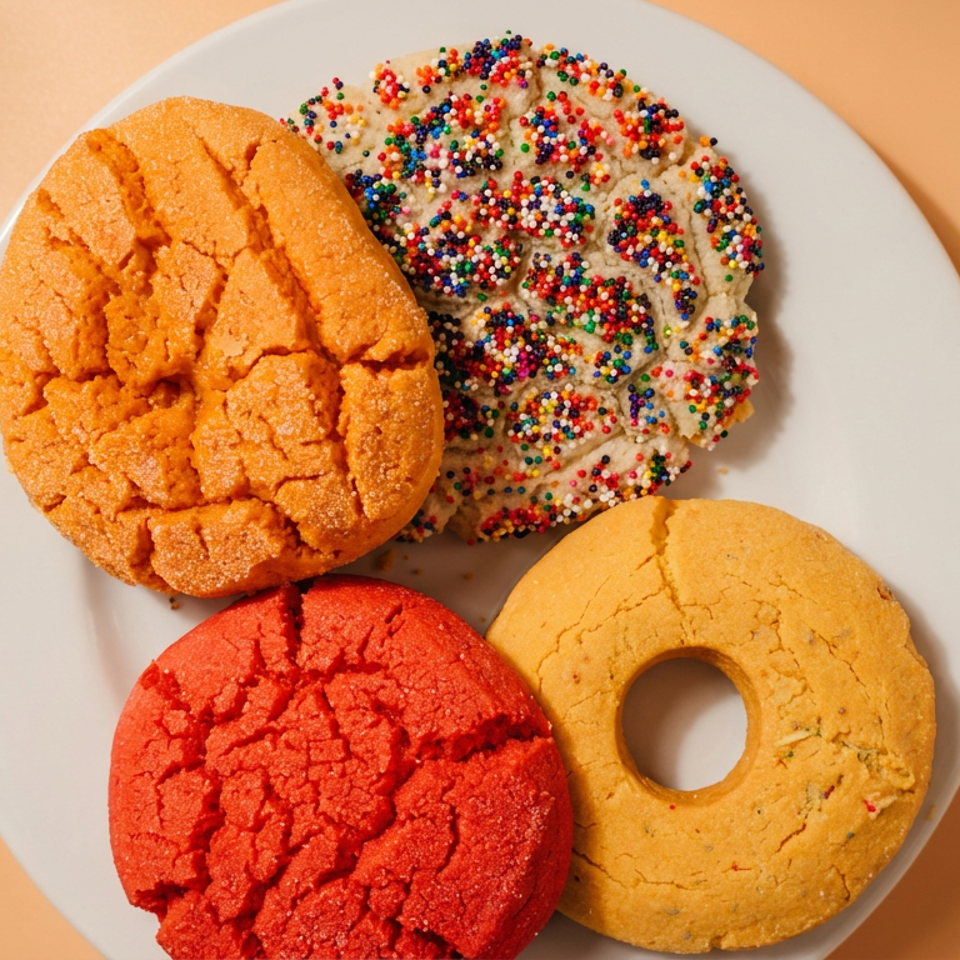 Four colorful cookies, including orange, red, yellow, and a sprinkle-covered cookie, on a white plate.