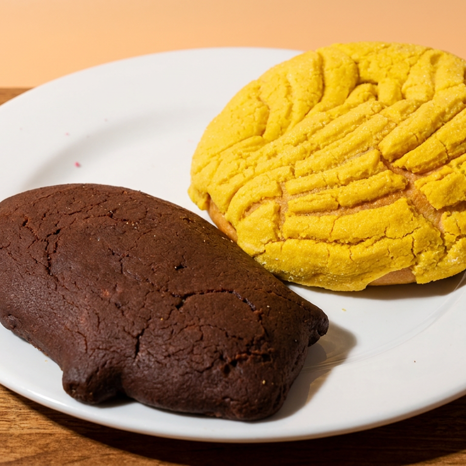 A chocolate empanada and a yellow concha on a white plate on a wooden table.
